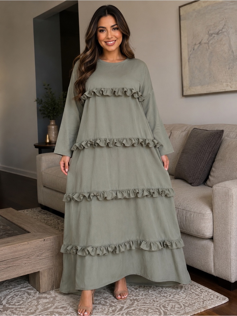 Abaya Women's Sage Green Ruffle Tiered Maxi Dress